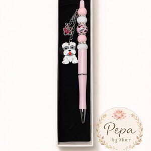 Handmade Pink Beaded Pen with Puppy Charm & Rhinestones